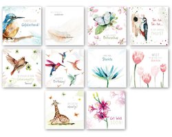 Greetz - Verjaardag, Sterkte etc. Kaartenset - Dieren Thema - 10 Wenskaarten incl. enveloppen