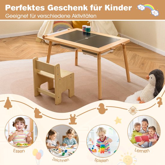 COSTWAY Kindertafel met stoel, 3-in-1 kinderzitgroep van hout met