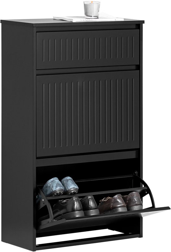 Meuble à chaussures SoBuy FSR165-SCH - Bois composite Zwart avec 2 volets et tiroir