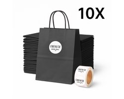 Papieren Tasjes Kraft - Zwart - Small - 18x8x22 cm - 10 Stuks - Inclusief Witte Cadeautje voor Jou Stickers