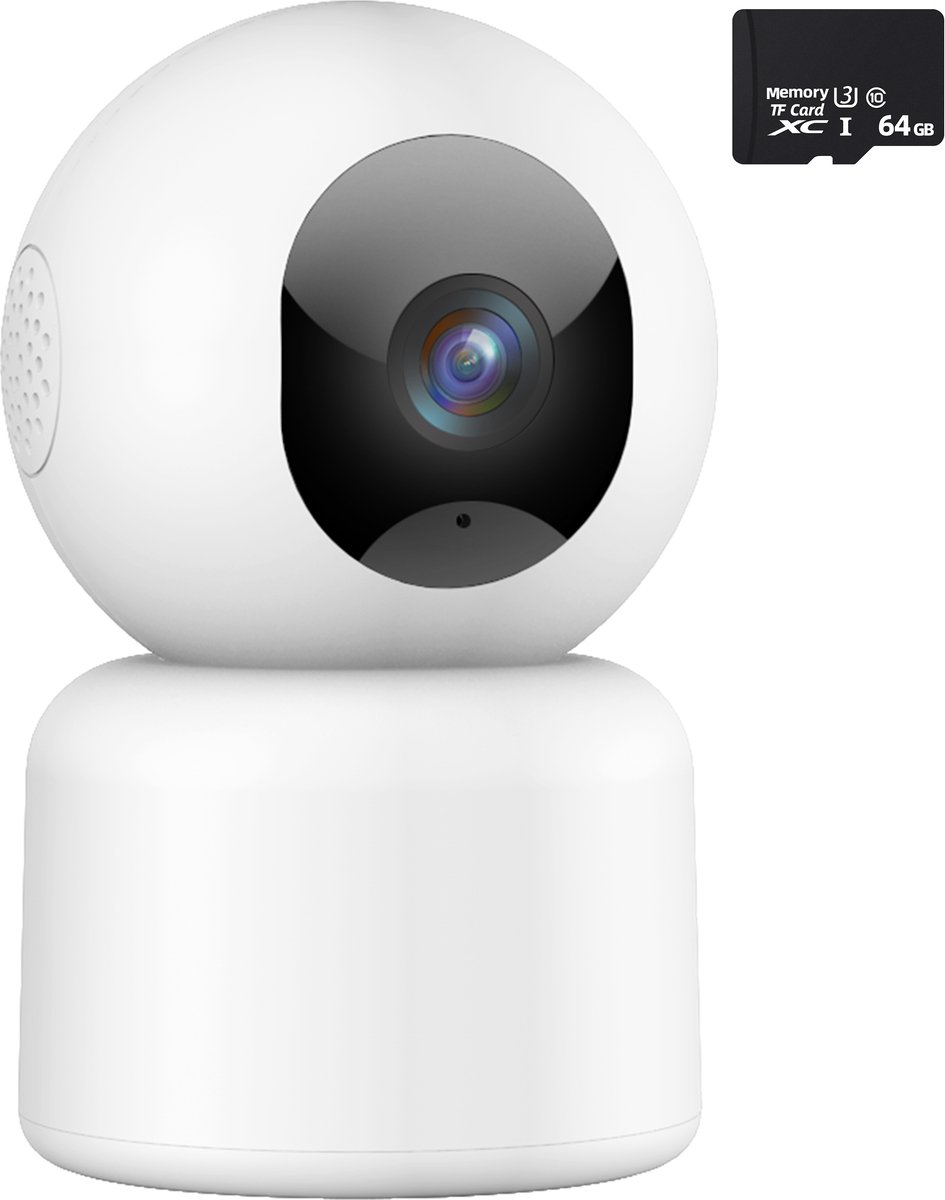 Protectly® Beveiligingscamera binnen - 2K 3MP Ultra HD – Beveiligingscamera’s – Huisdiercamera - Met WiFi APP - Volgt beweging en geluidsdetectie - Incl. 64GB SD - 2.4/5 GHz - Geen abonnementskosten - Wit