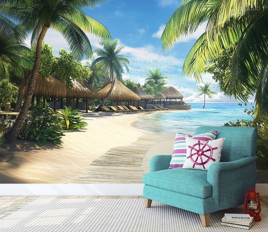 WALLARENA - Fotobehang - 300x210 cm - 3D afbeelding van een paradijselijke strand met palmen en zee voor slaapkamer en woonkamer