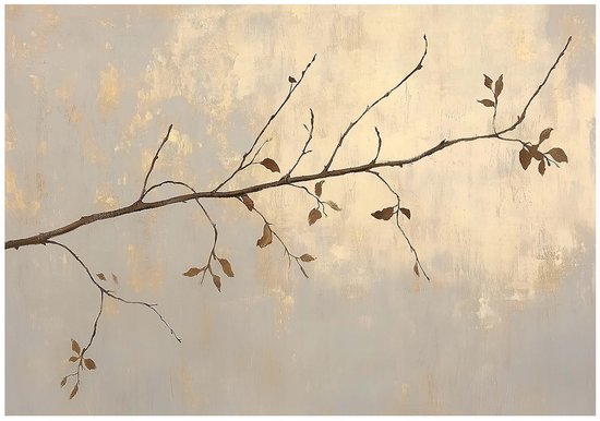Beige en bruine muurschildering van een tak met enkele bladeren, tegen een abstracte, verweerde achtergrond.