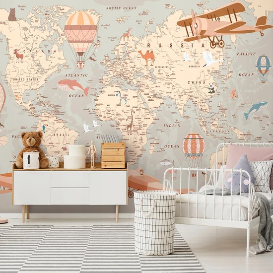 WALLARENA - Fotobehang - 350x250 cm - wereldkaart met dieren voor kinderkamer