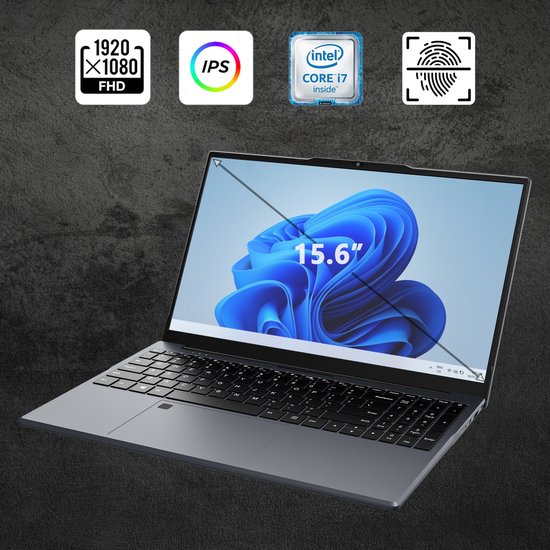 Acmine Laptop - 15.6" FHD IPS - 16 GB RAM - 1TB SSD - Intel Alder Lake i7-6500U - Vingerafdrukontgrendeling - Met AZERTY-Toetsenbordsticker - Grijs - blossom - Hoofdafbeelding