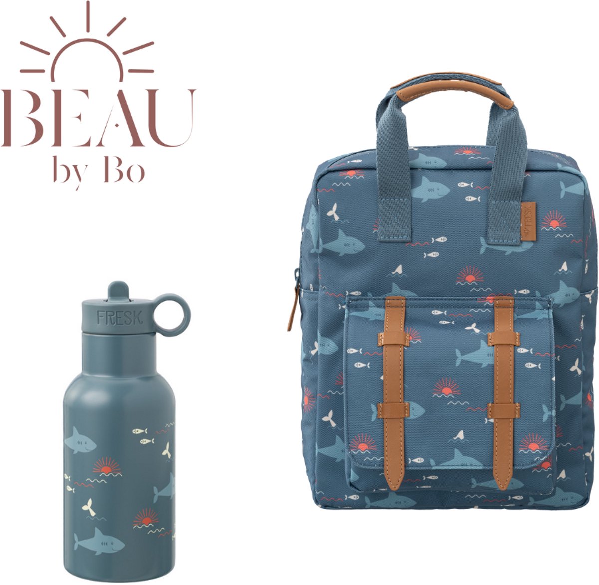BEAU by Bo Fresk Back to School set - Rugzak + Drinkfles 350ml - Shark