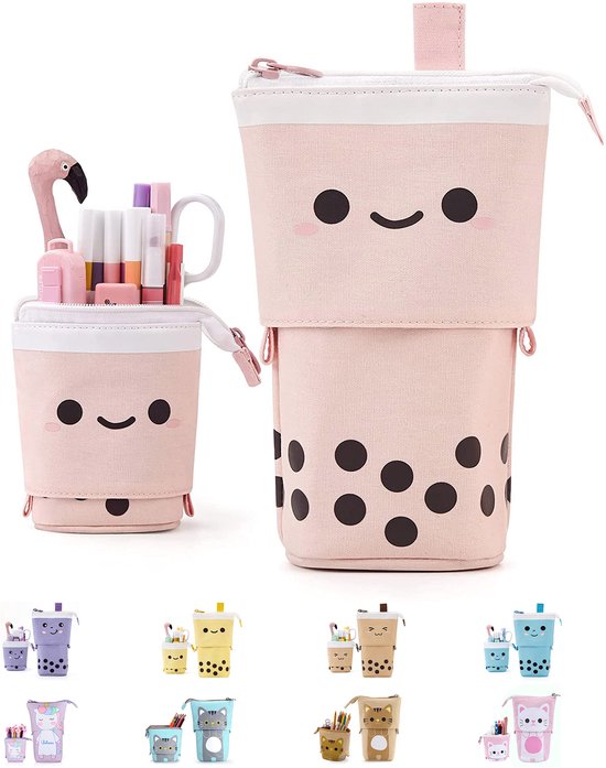 LIXIN Telescopische Etui - Roze - Pennenzak voor jongens en meisjes - Canvas - Linnen - Staande etui voor kinderen en volwassenen - Terug naar school - Leuke telescopishe pennenhouder - Leuk etui