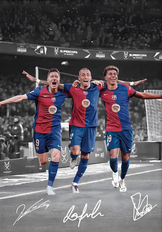 Lamine Yamal, Lewandowski & Raphinha Poster Ingelijst – A3 30x45cm – Zwart Frame – Iconisch Voetbalmoment