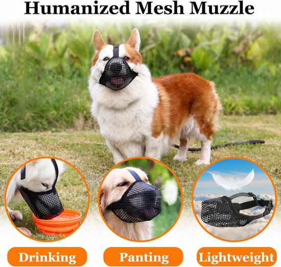 Muilkorf voor grote honden, voorkomt kauwen/eten/bijten, ademend, reflecterend, instelbaar, voor middelgrote honden (zwart, M