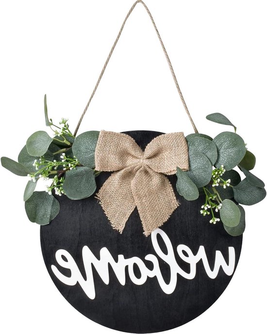 LOMOHOO Welkomstbord, 30,5 cm rond houten bord, rustieke huisdecoratie, voordeur decor, witte houten borden voor buiten krans voor veranda