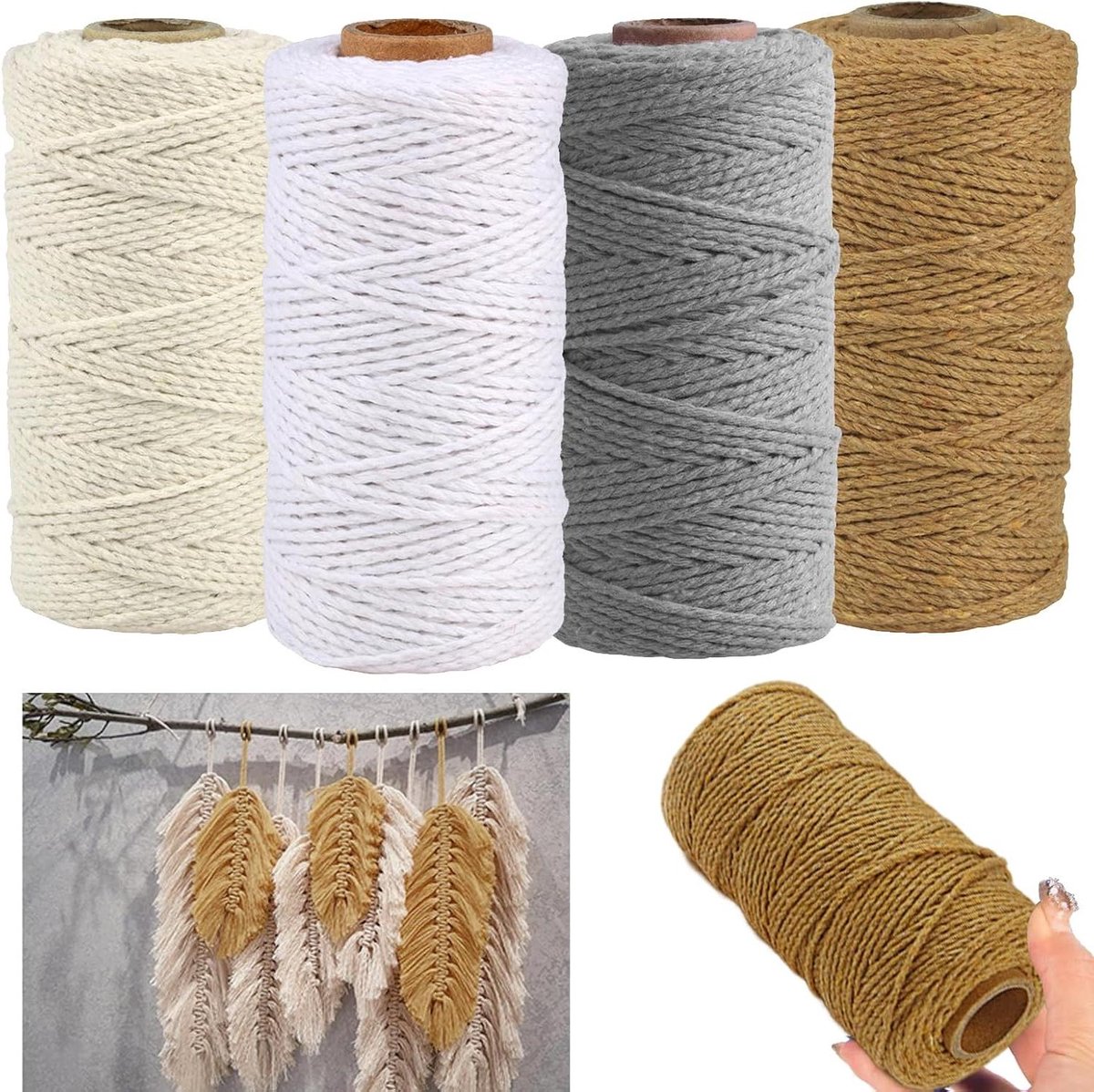 Allecto Premium - Macrame touw pakket van 4 stuks - 2 mm x 100 m - Katoenen touw voor DIY ambachten - Knutselen - Wanddecoratie - Woonkamer - Balkon - Slaapkamer