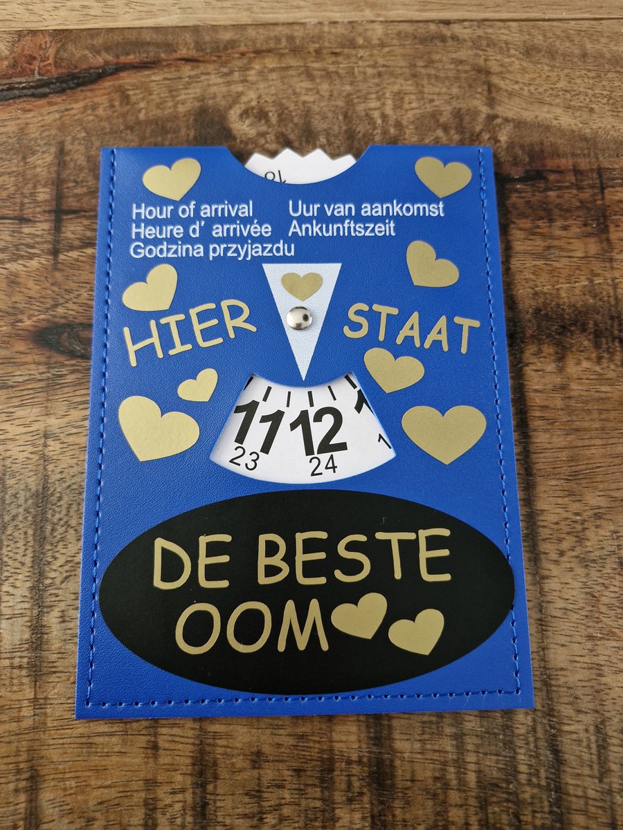 Parkeerschrijf met tekst- Hier staat - De beste Oom - blauwe zone- parkeerkaart- blauweschijf
