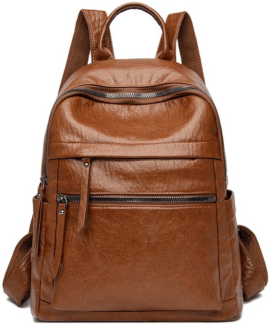 Sac à dos pour femme Nieuwe - Sac à dos étanche et antivol - Sac à dos pour femme - Sac à dos tendance pour voyage et loisirs - Cuir PU souple - Poche cachée à l'arrière - Marron