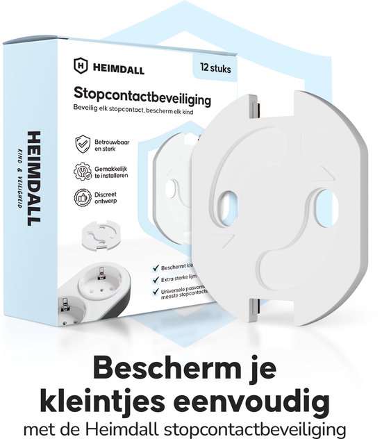 Doos van Heimdall stopcontactbeveiliging met 12 stuks, met een afbeelding van het product en een stopcontact.