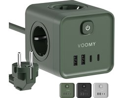 foto van Voomy Stekkerdoos - 20W Snellader - USB-C & USB-A - 4 Stopcontacten - Aan/uit Schakelaar - 2M Verlengsnoer - Overspanningsbeveiliging - Groen
