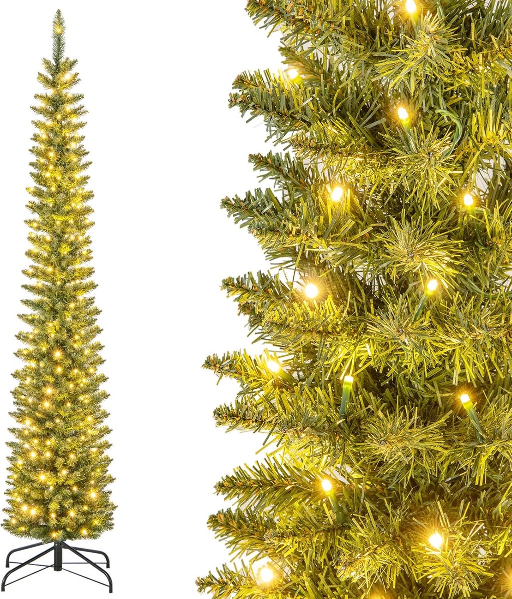 COSTWAY Kunstkerstboom met verlichting, potloodvorm van 210 cm, spar met 200 warmwitte ledlampen, smalle kerstboom voor thuis, groen