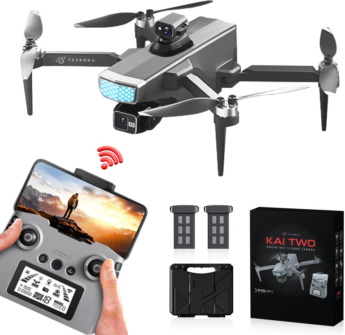 Tedroka® KAI TWO 4K GPS Drone - 3-assige Gimbal - Onder 249g - 25 min Vlucht 5G Transmissie Visuele Tracking 360º Obstakel Vermijding - RC Drone - EIS Anti-Schok - Auto Return - Follow Me - 64 GB SD kaart- Lichtgewicht voor Volwassenen en Beginner