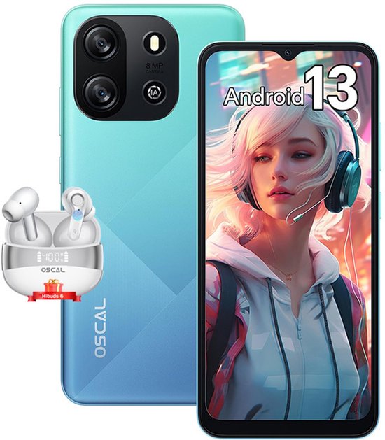 Oscal Flat 1C Smartphone - 4GB RAM 32GB ROM - Android 13 - 4700 mAh - Dual SIM 4G - GPS - Blauw met Bluetooth-headset Oscal Hibuds 6 Wit