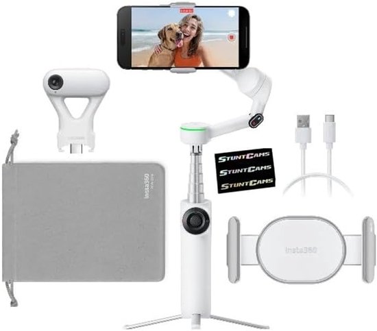 Insta360 Flow 2 AI Tracker Bundle in Summit White met smartphone, houder, kabels, tas en drie 'StuntCams' stickers.