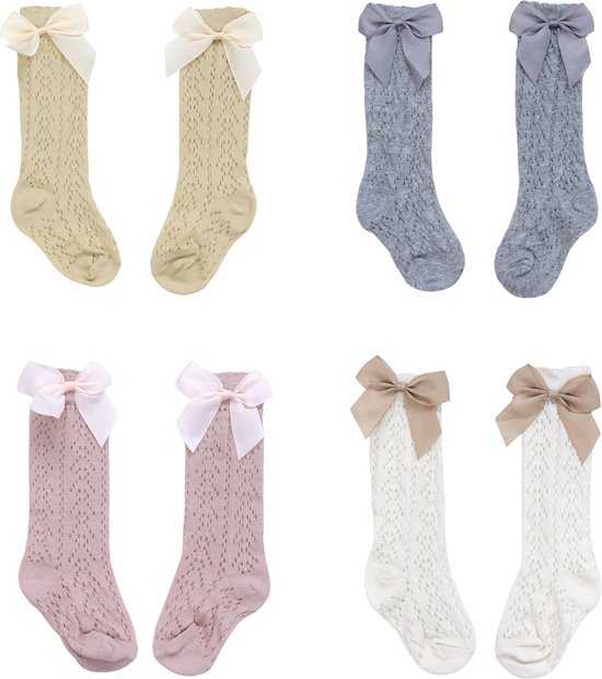 Joya Kids® Chaussettes Bébé avec nœud | Set de 4 couleurs | Chaussettes longues tricotées de style Vintage | Chaussettes pour filles beiges, roses, Grijs et crème | Avec un joli nœud | Set de 4 paires | Taille S | 0-1 an