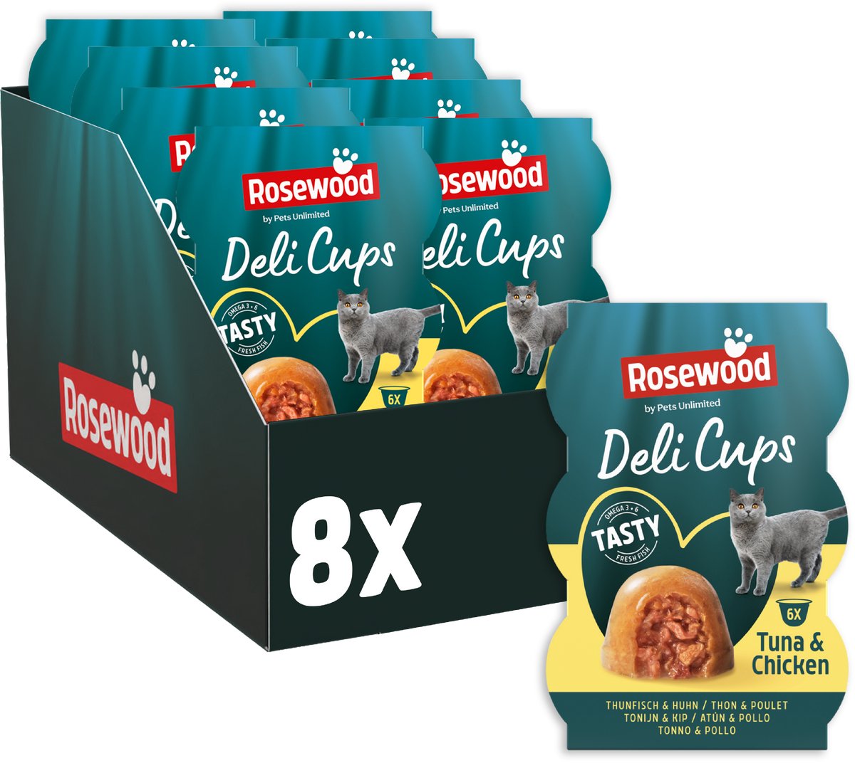 Rosewood Deli Cups Tonijn & Kip - Zachte Kattensnack met Omega 3 & 6 - Natuurlijk & Zonder Toegevoegd Zout of Suiker - 8 stuks à 6 x 22g