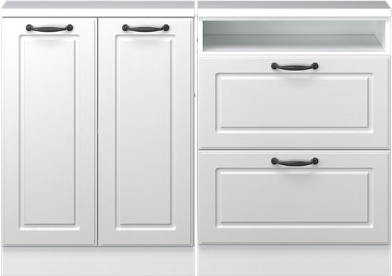 Witte kast met twee deuren links en twee lades en een open vak rechts.