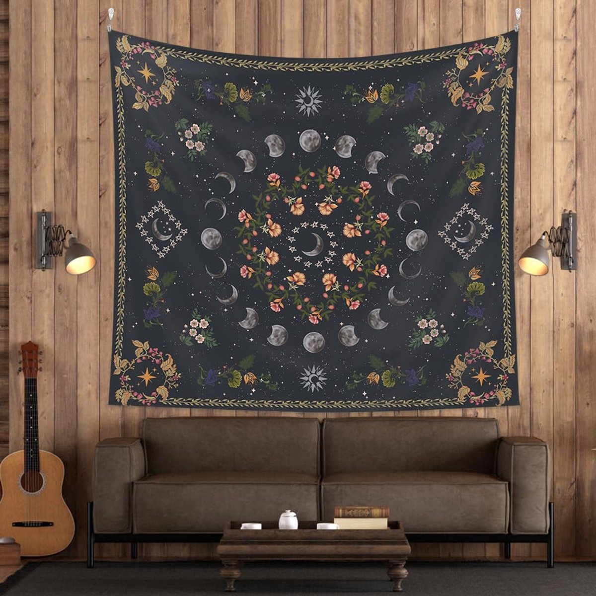 Unyqoos Uniek Maanfasen Wandtapijt met Bloemen voor Slaap- en Woonkamer Decoratie bloemen maan