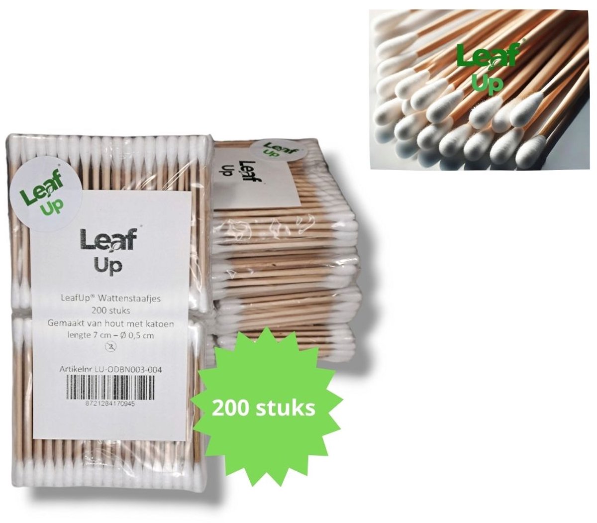 LeafUp® Houten Wattenstaafjes – 200 Stuks – Duurzaam Katoen – Milieuvriendelijk – Plasticvrij (B6)