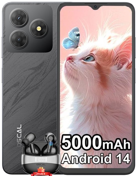 Oscal FLAT 2C Smartphone - 6GB RAM 64GB ROM - 6.56 inch - 5000mAh - Android 14GO - Dual SIM - GPS - Zwart met Bluetooth-headset Oscal Hibuds 6 Zwart