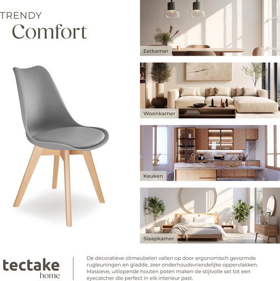 tectake® Set van 6 Eetkamerstoelen Frederikke II, Gevoerde Stoffen Zitting, Massief Houten Poten, Ergonomische Stoel, Stoelen voor Woonkamer, Eetkamer, Slaapkamer en Keuken, Draagkracht 120kg, Wit