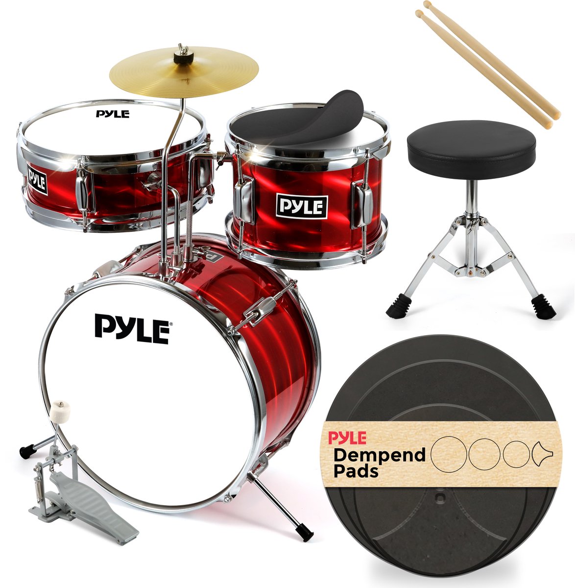 Pyle Drumstel voor Kinderen- 3-delige Drummer Kit voor Beginners - 33 cm Bassdrum met Snaartrommel, Bekken,Verstelbare Drumkruk,Demppads en Drumstokken