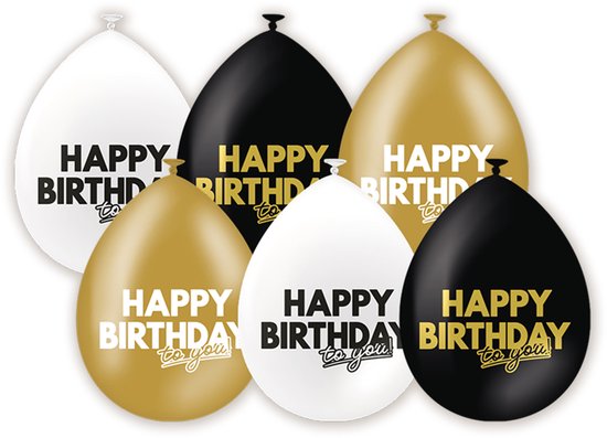 LUQ – Ballons en latex « Happy anniversaire » – 6 pièces – Zwart– Wit– Or – Décoration d'anniversaire de Luxe – Prêt pour l'hélium