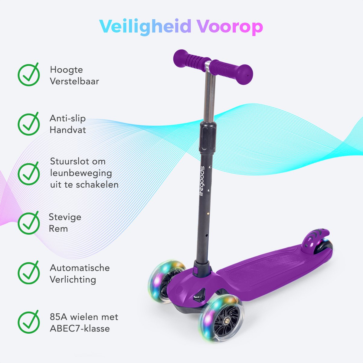 LifeGoods Kinderstep - Step 5-8 Jaar - 3 Lichtgevende LED Wielen - Hoogte Verstelbaar - Jongens/Meisjes - Paars — afbeelding 2