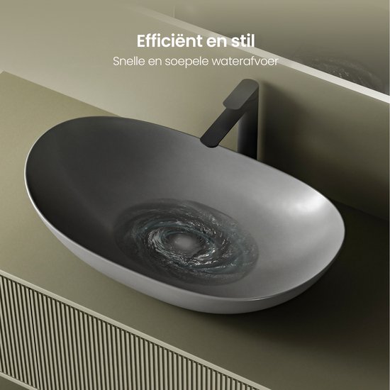 Grijze ovale wastafel met draaikolk water, 'Efficiënt en stil' staat geschreven.