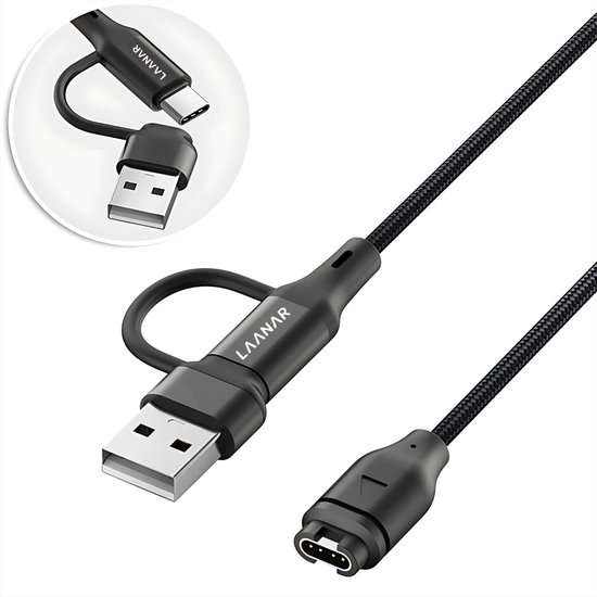 LAANAR® Oplaadkabel voor Garmin Instinct / Forerunner / Vivoactive / Venu / Fenix / Enduro  / Tactix / Quatix / Approach / Vivosmart / Vivosport / Swim / D2 Watch - Gevlochten Nylon 1 meter - Zwart Aluminium