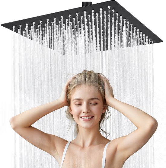 Pommeau de douche pluie DERW MAX - 300 x 300 mm - Douche de tête - Pommeau de douche - Acier inoxydable - Noir - Haute pression - Économie d'eau - Carré - Raccord universel G1/2 - Zwart