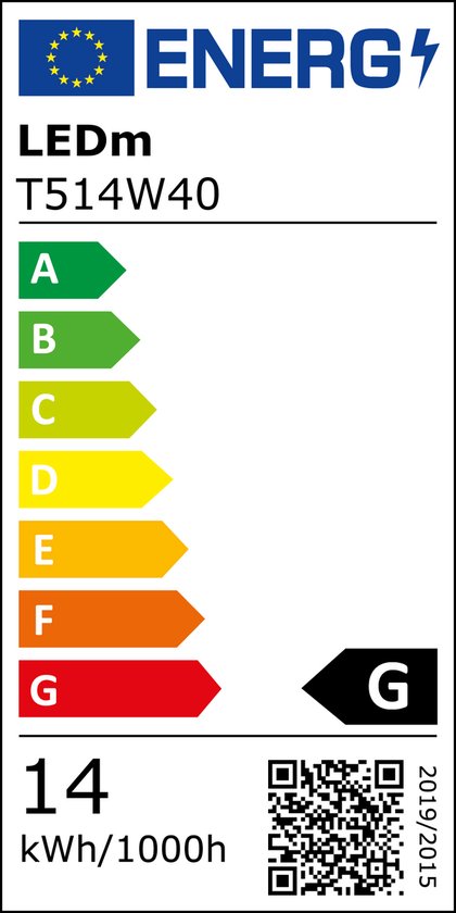 Energie-etiket: LEDm T514W40, klasse G, 14 kWh/1000h.