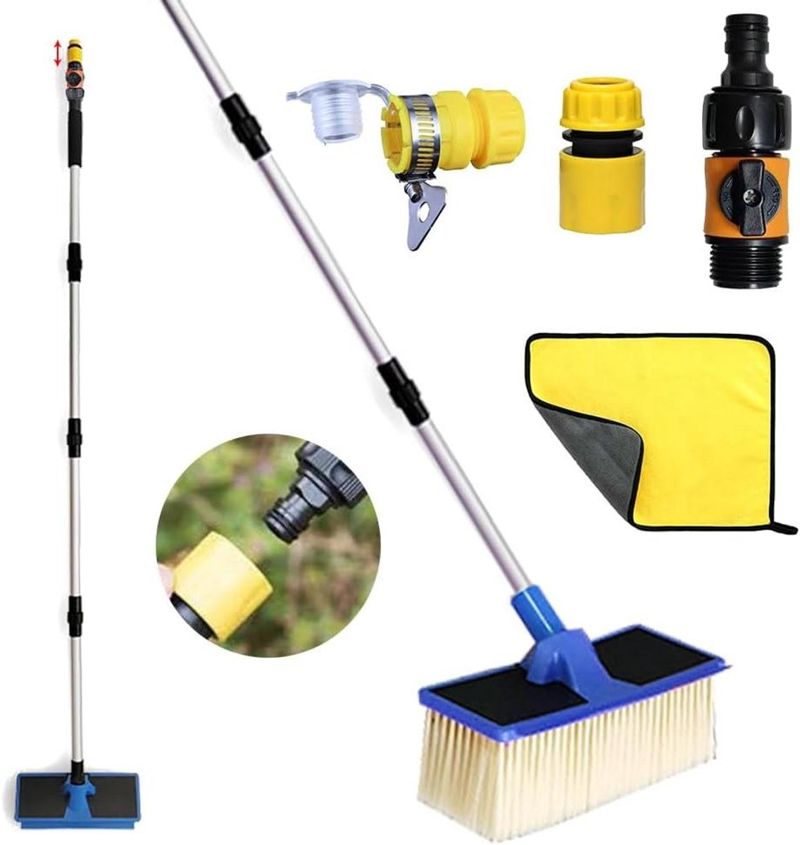 Allecto Premium - Telescopische wasborstel met wateraansluiting voor auto's en campers - 168 cm - Autowasborstel voor vrachtwagens - Telescopische steel - Caravan, auto, vrachtwagen, bus - Reiniging inclusief wateraansluiting