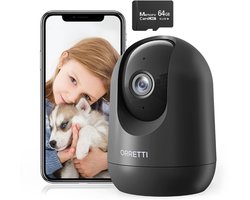 Orretti® X21 – Beveiligingscamera binnen – 2K Ultra HD + 64GB SD Kaart – Huisdiercamera met App – DUALBAND Wifi Camera – beweging en geluidsdetectie – Bewakingscamera – Babyfoon – 2.4/5 GHz – Zwart