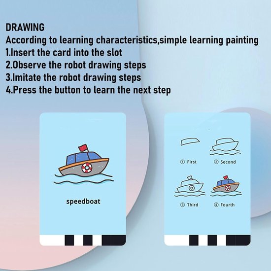 Twee kaarten met tekeninstructies en afbeeldingen van een speedboot, naast tekst die uitlegt hoe te tekenen.
