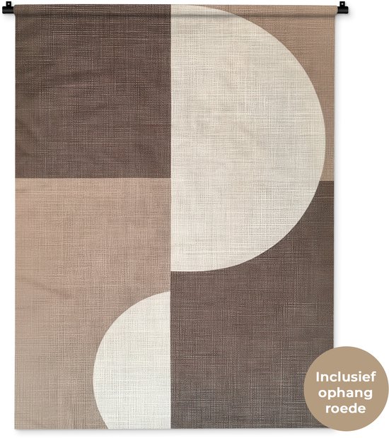 Tapisserie avec motif en grille marron-beige et cercles blancs, tringle de suspension incluse.