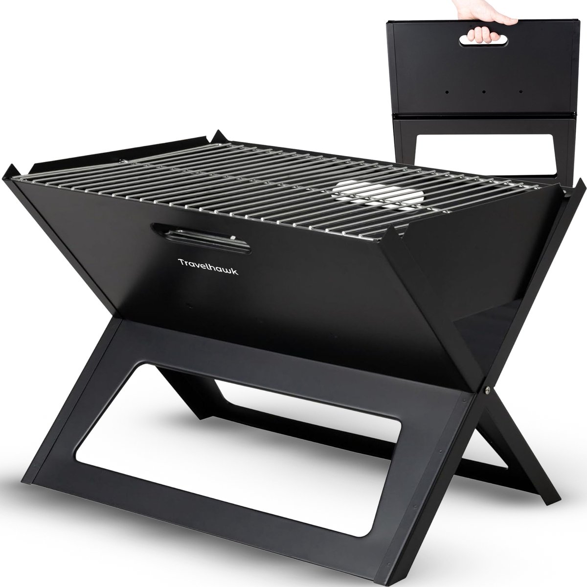 Travelhawk Houtskool BBQ - Barbecue Houtskool - Opvouwbaar - 44x32cm Grilloppervlak - Gelegeerd Staal - Zwart
