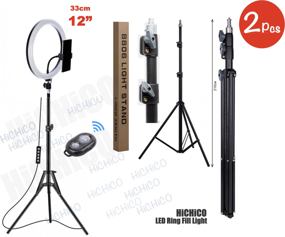 LED Ring Light 33Cm met Statief 210 CM hoog Inclusief Bluetooth afstandsbediening en Telefoonhouder - Smartphone Tripod - LED Ringlamp - Ring Light - flitser - Make-up light - Studiolamp – Fairco