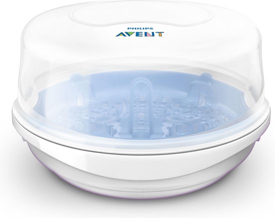 Witte Philips Avent magnetronsterilisator met een doorzichtige deksel en blauwe binnenkant.