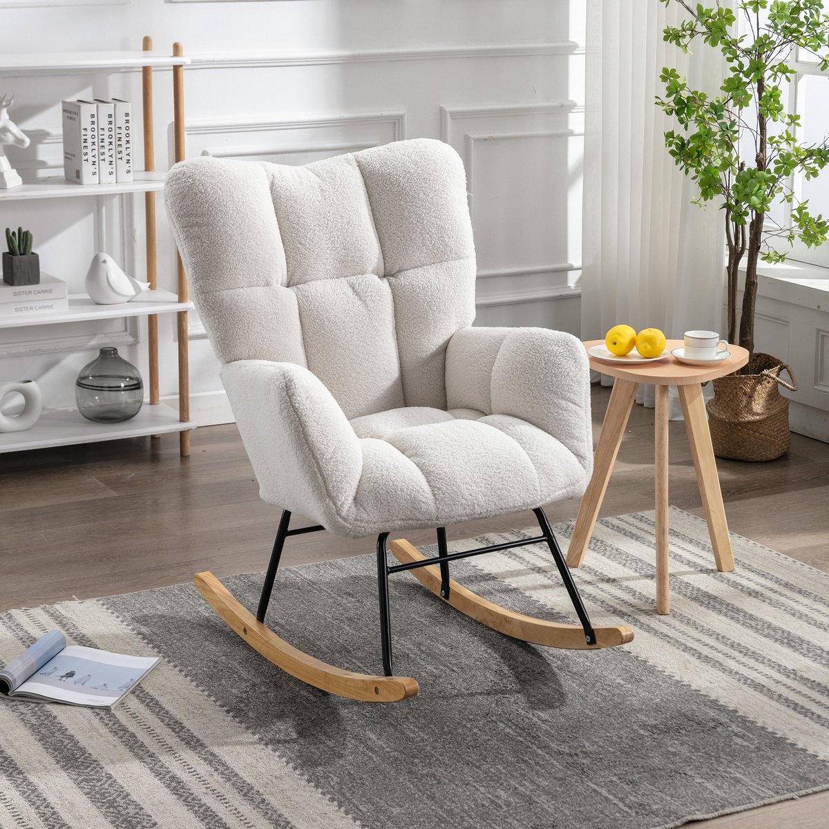 Sweiko Schommelstoel - Teddyfluweel - Zacht beklede zitting - Metalen frame - Wit
