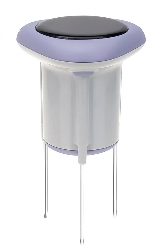 Wit-grijze slimme bodemsensor met zonnepaneel en paarse rand, staand op drie metalen pootjes.