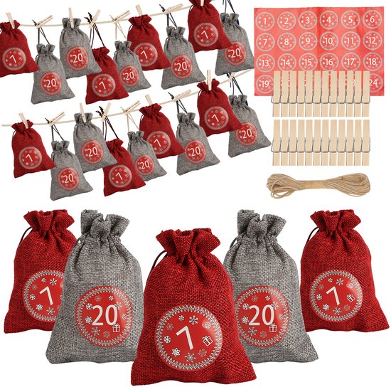 DIY Kerst Adventskalender Set 2025 - Maak je eigen Kerst Countdown Kalender - Jute Zak met Trekkoord voor Kerstversiering - Rood/Grijs