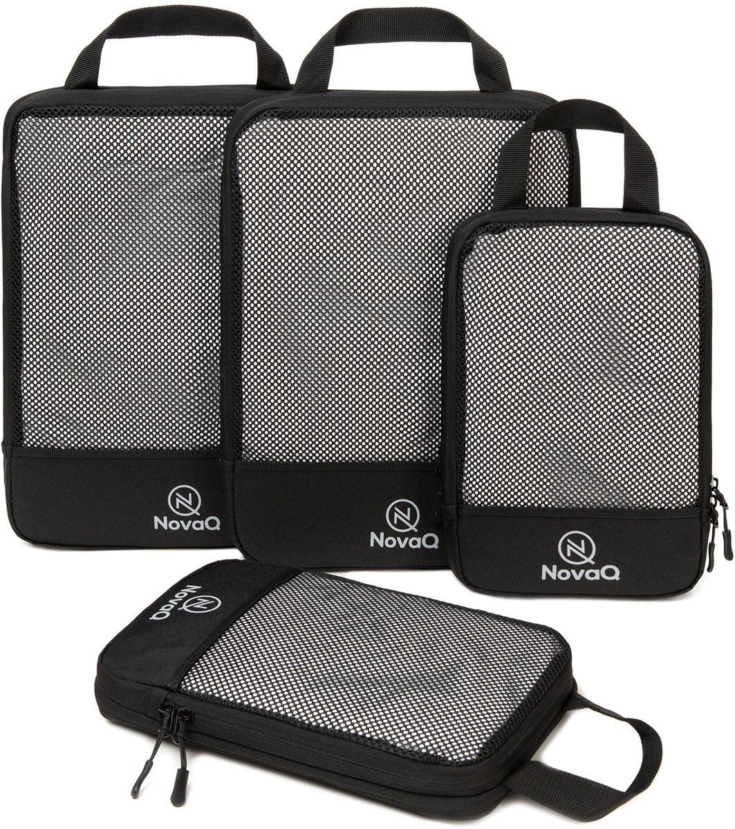NovaQ Packing Cubes Compression - 4 Delige Set - Organizer Set voor Koffers, Rugzakken en Tassen - Zwart