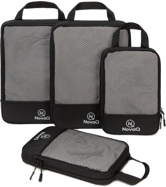 NovaQ Packing Cubes Compression - 4 Delige Set - Organizer Set voor Koffers, Rugzakken en Tassen - Zwart