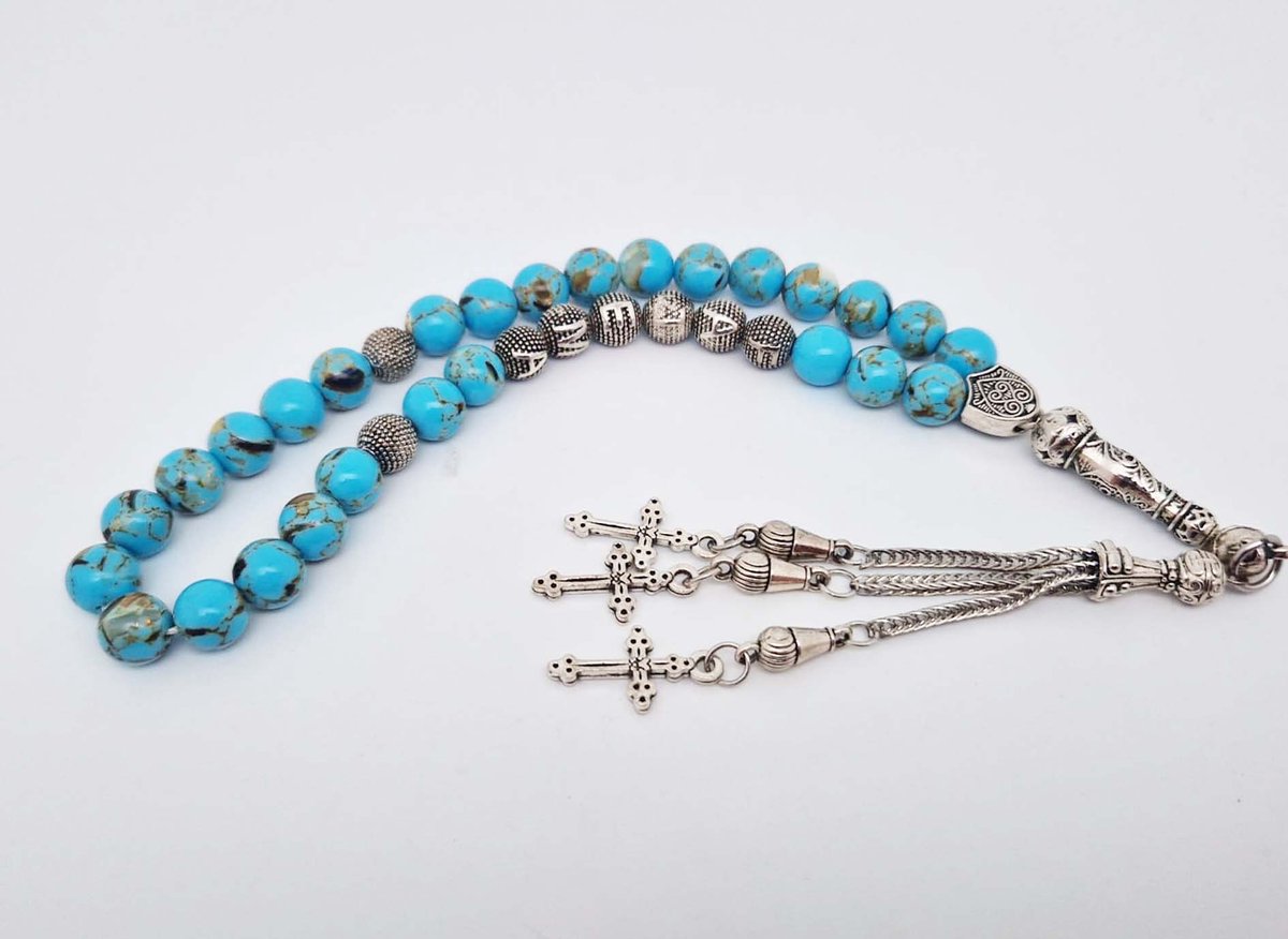 Handgemaakte naam tasbih 33 Kralen Natuursteen “Turkoois Bakeliet” - met metaal tassel- Met je naam of de naam van uw geliefde- 8 mm diameter van de korrel